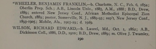 Alumni Record entry for Benjamin Franklin Wheeler, DTS Class of 1889
