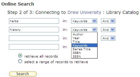 Technology Help and Information > Searching the Drew Library Catalog through EndnoteWeb > searchterms.jpg