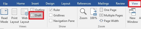 Technology Help and Information > Thesis and Dissertation Formatting > View tab Draft View.jpg