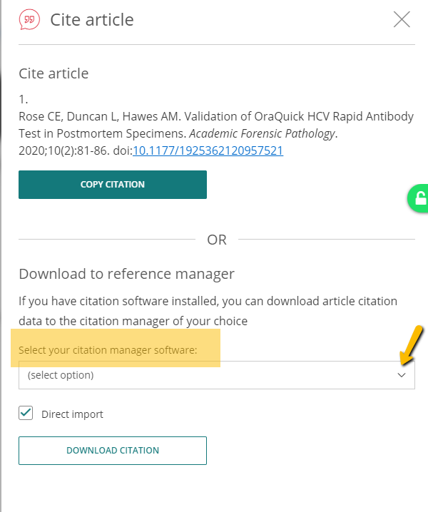 Technology Help and Information > Exporting citations from SAGE journals and importing them to Endnote > sage citation manage 1.png