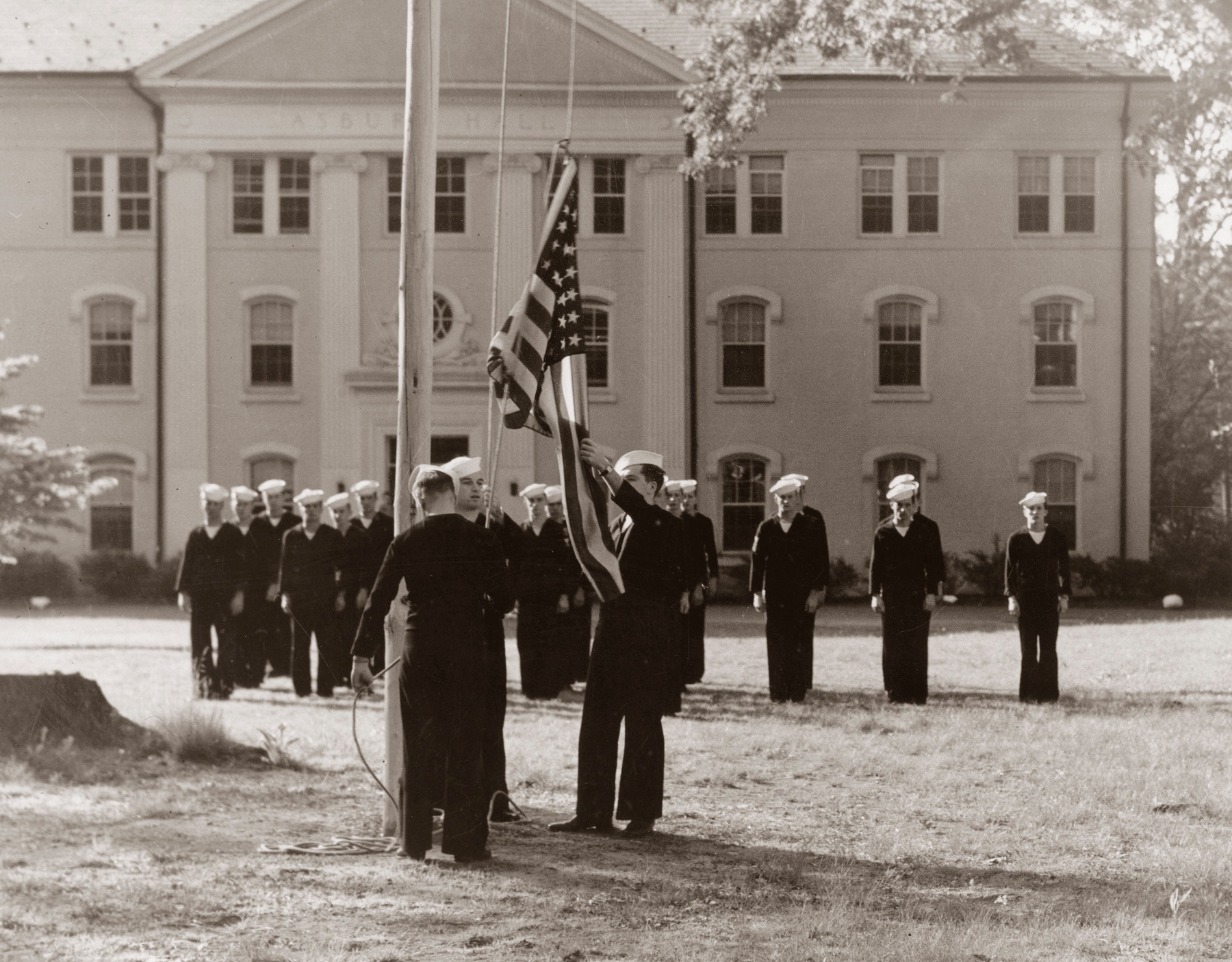 Navy V-12 Sailors in front of Asbury Hall, c1943