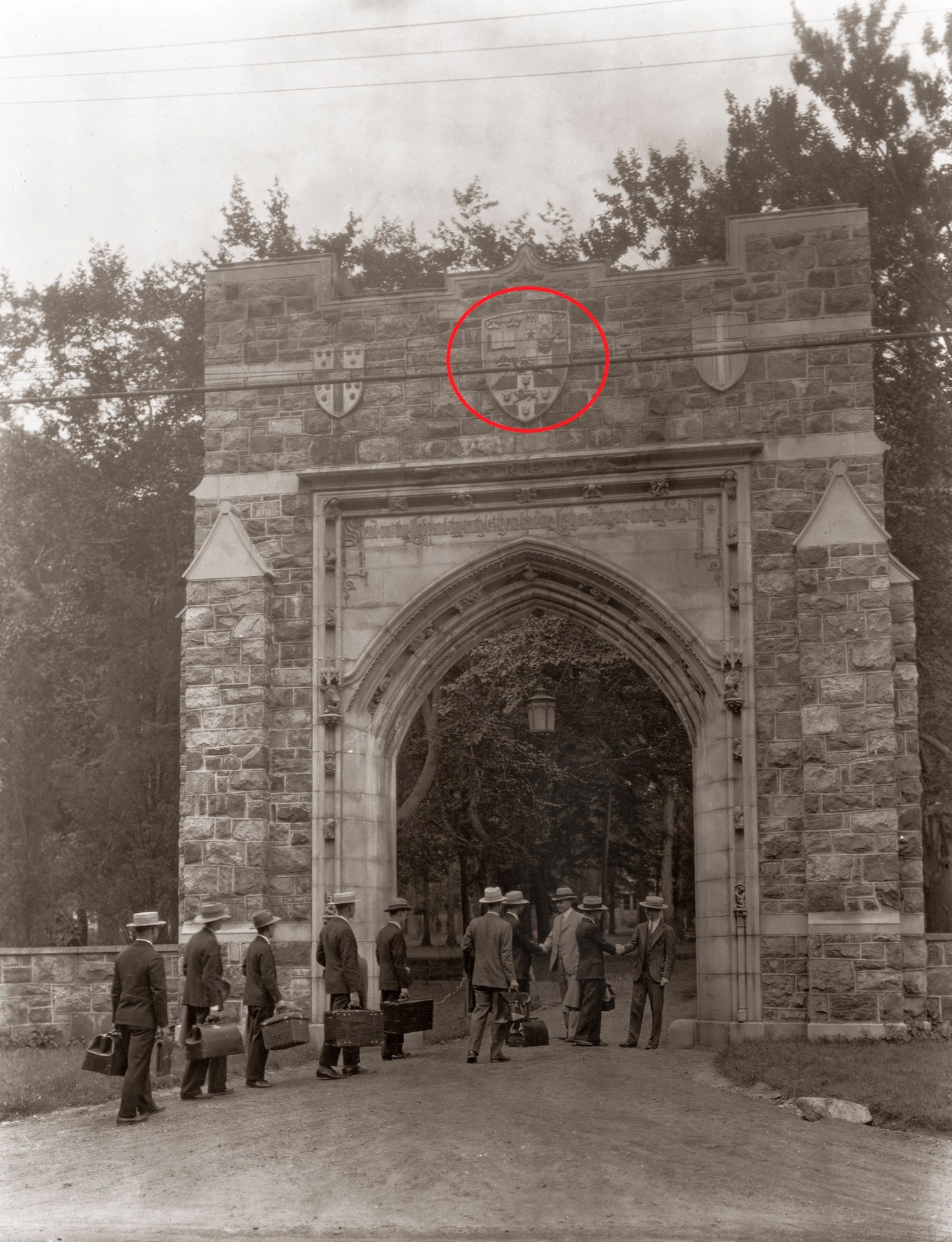 Samuel W. Bowne Gateway, c.1925 with Shield circled in red